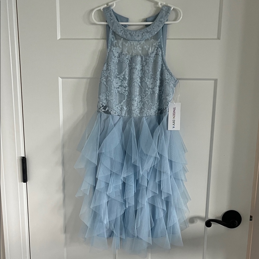 Twirl Dym Light Blue Lace Tiered Kids Formal Dress